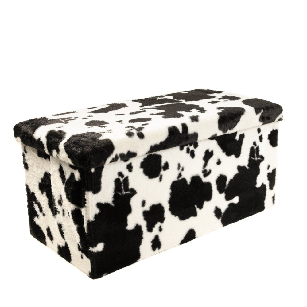 12" Black And White Faux Fur Cow Print Ottoman
