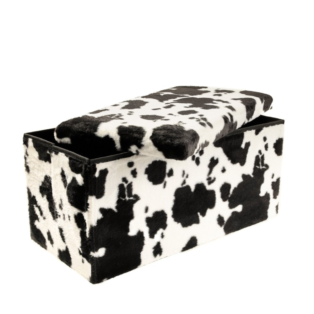 12" Black And White Faux Fur Cow Print Ottoman