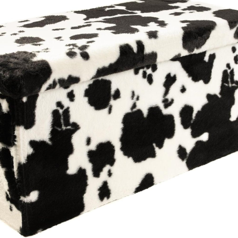 12" Black And White Faux Fur Cow Print Ottoman