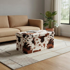 12" Brown And White Faux Fur Cow Print Ottoman