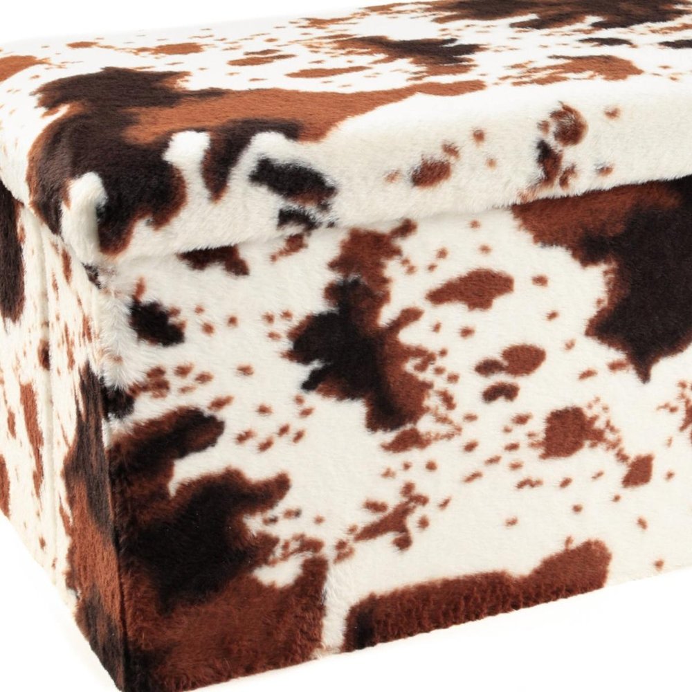 12" Brown And White Faux Fur Cow Print Ottoman