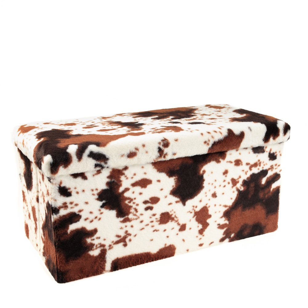 12" Brown And White Faux Fur Cow Print Ottoman