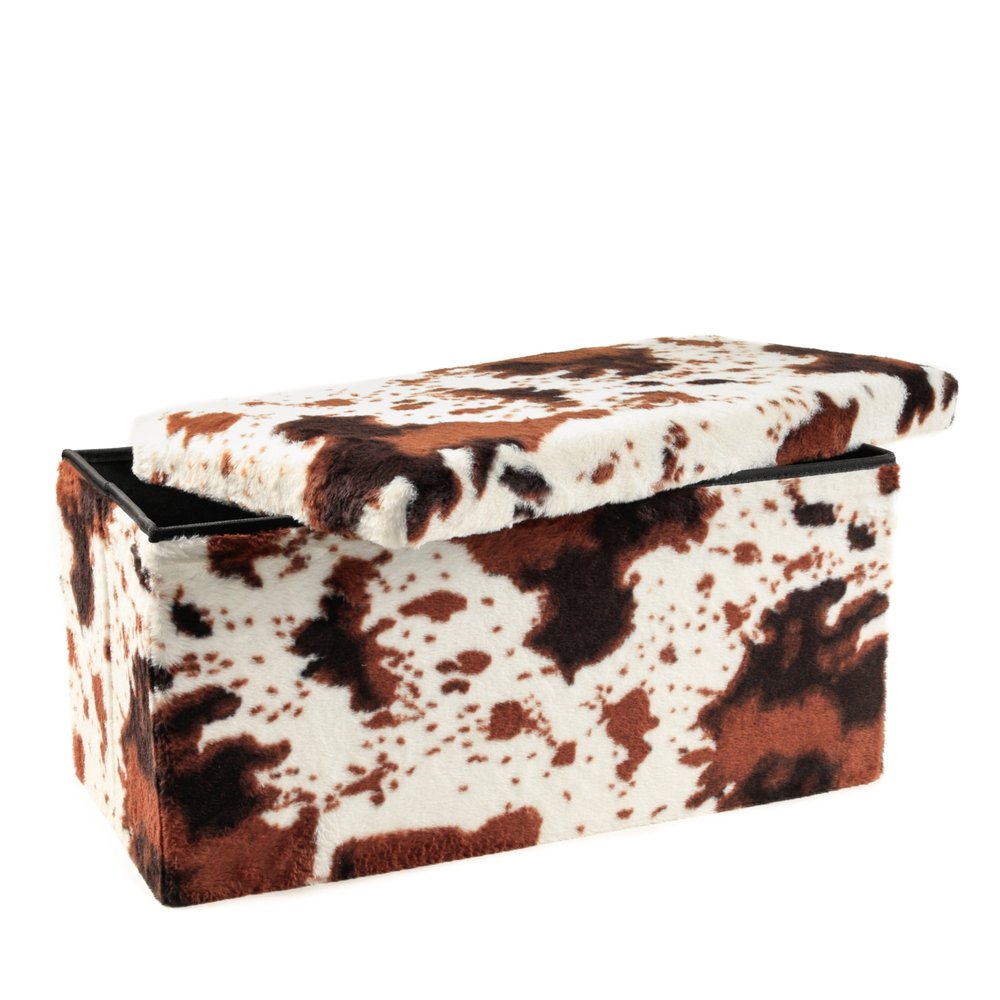 12" Brown And White Faux Fur Cow Print Ottoman