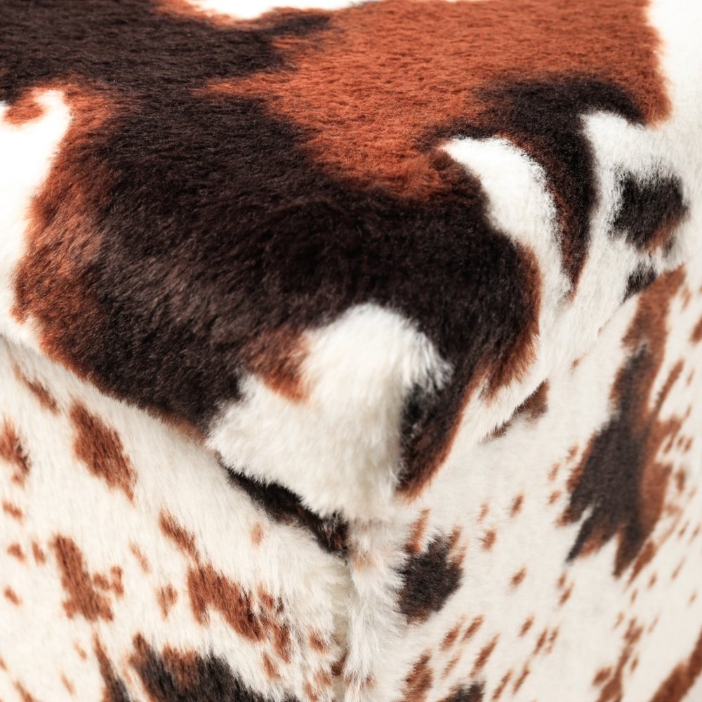 12" Brown And White Faux Fur Cow Print Ottoman