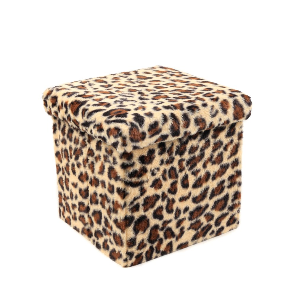 15" Tan And Black Faux Fur Leopard Ottoman
