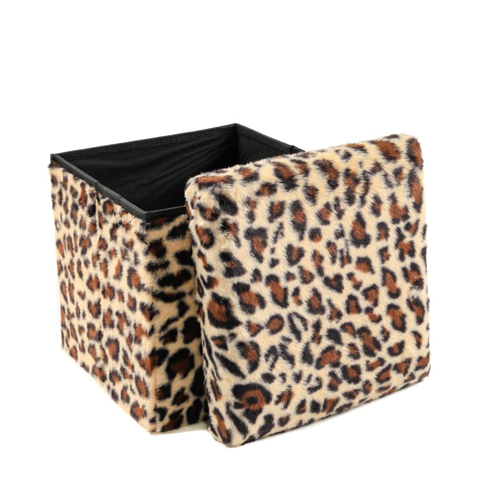 12" Black And Tan Faux Fur Leopard Ottoman