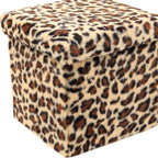 12" Black And Tan Faux Fur Leopard Ottoman