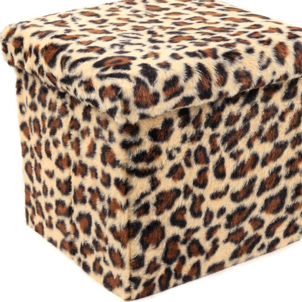 12" Black And Tan Faux Fur Leopard Ottoman