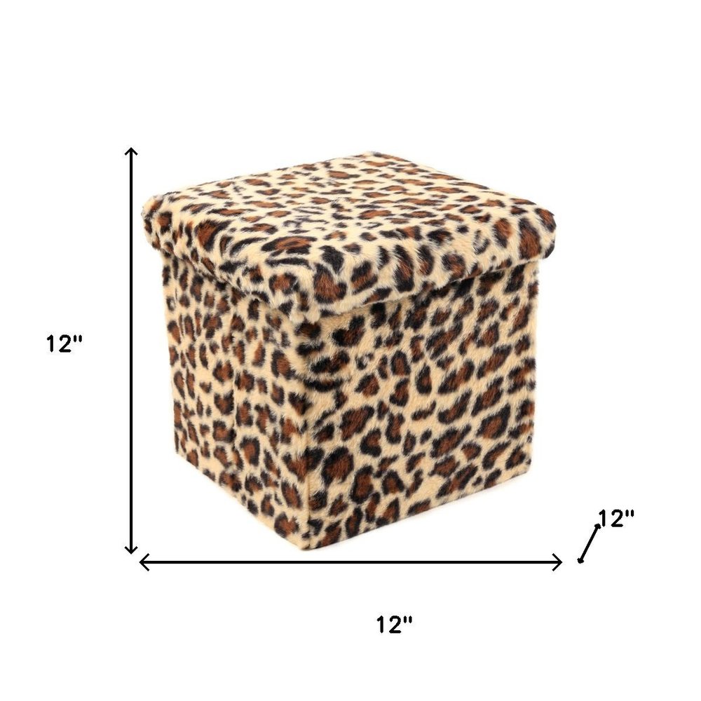15" Tan And Black Faux Fur Leopard Ottoman