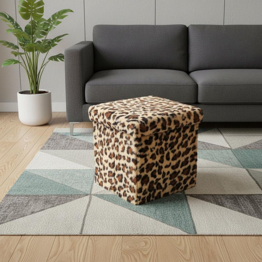 15" Tan And Black Faux Fur Leopard Ottoman