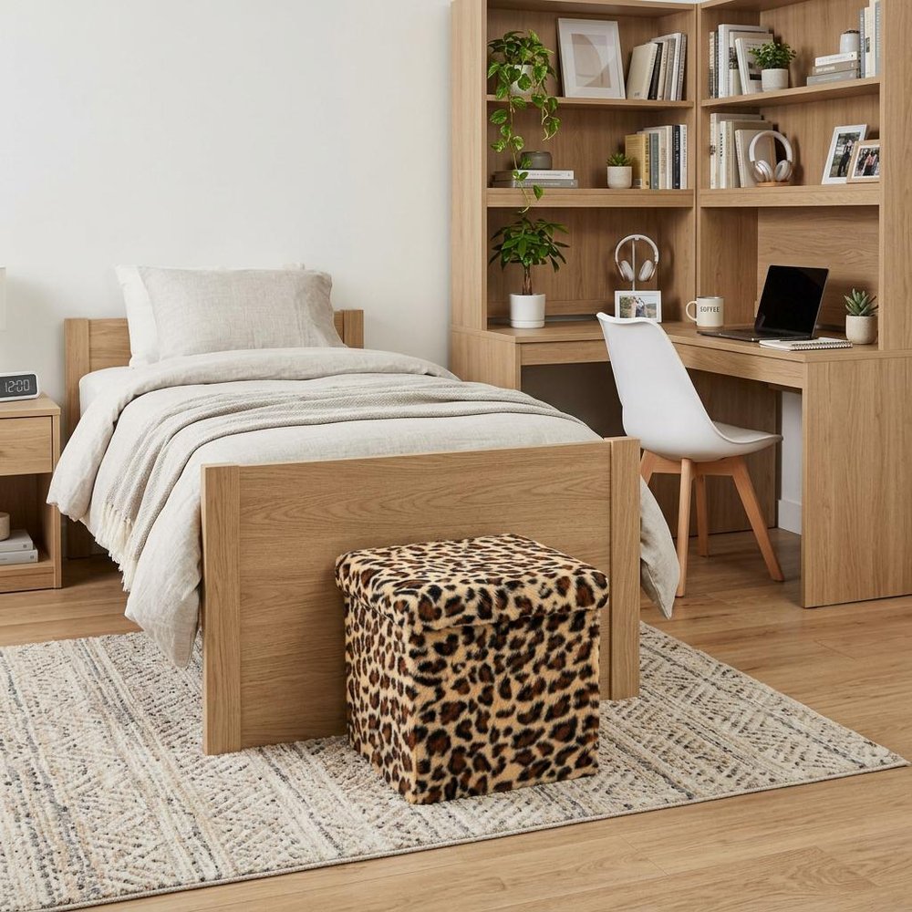 15" Tan And Black Faux Fur Leopard Ottoman