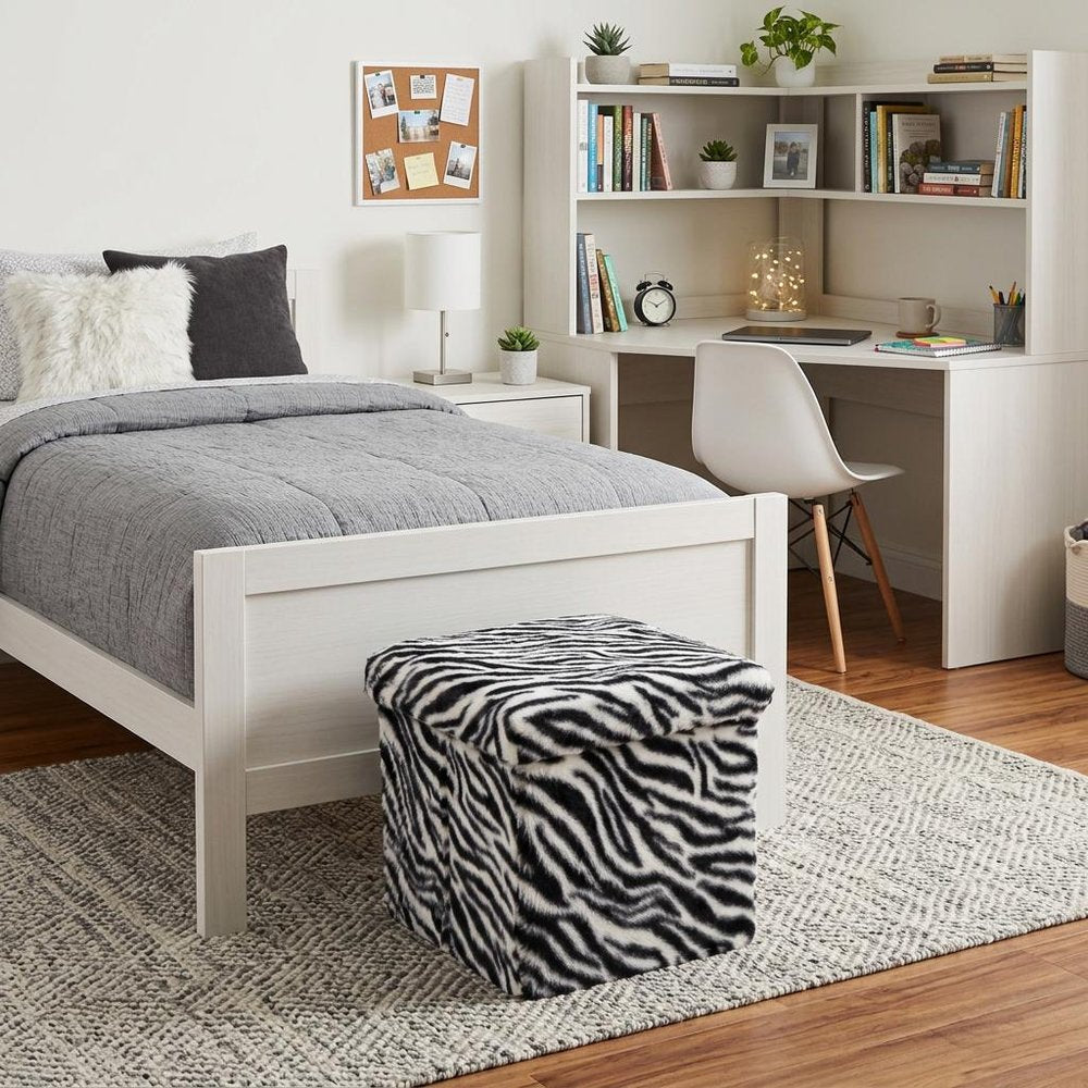 15" Black And White Faux Fur Zebra Ottoman