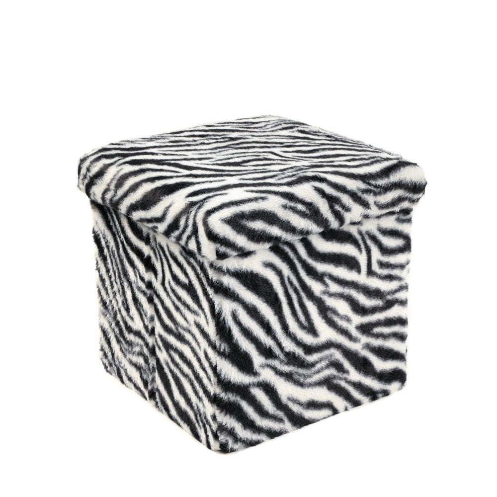 12" Black And White Faux Fur Zebra Ottoman