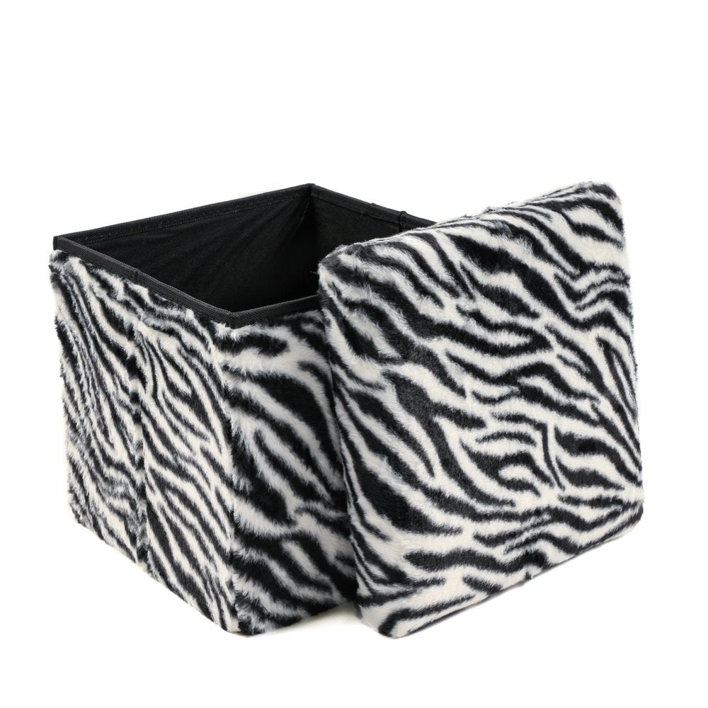 15" Black And White Faux Fur Zebra Ottoman