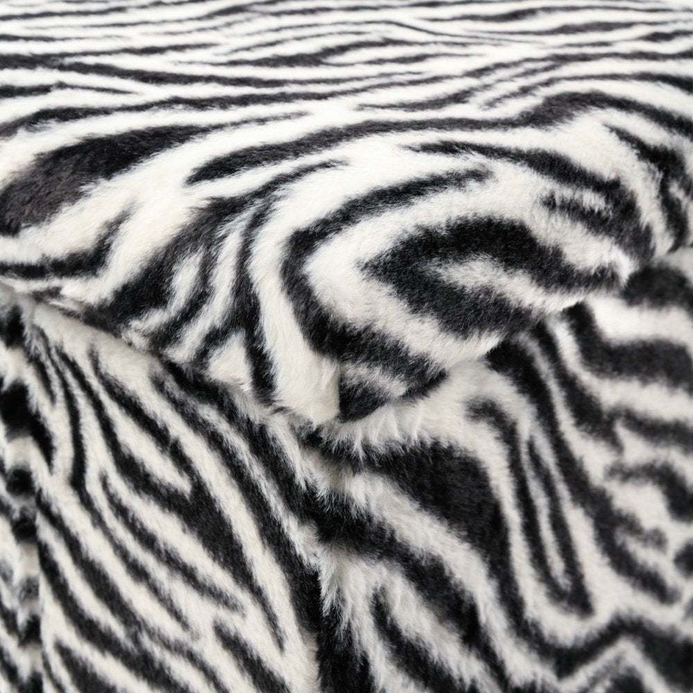 12" Black And White Faux Fur Zebra Ottoman