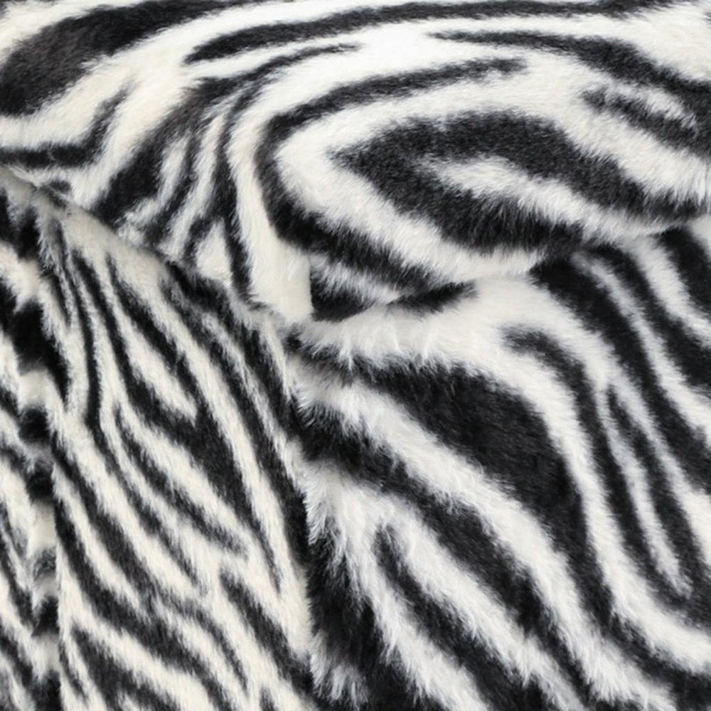 12" Black And White Faux Fur Zebra Ottoman