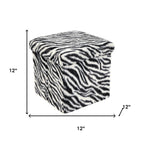 12" Black And White Faux Fur Zebra Ottoman