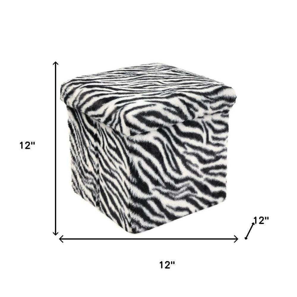 12" Black And White Faux Fur Zebra Ottoman