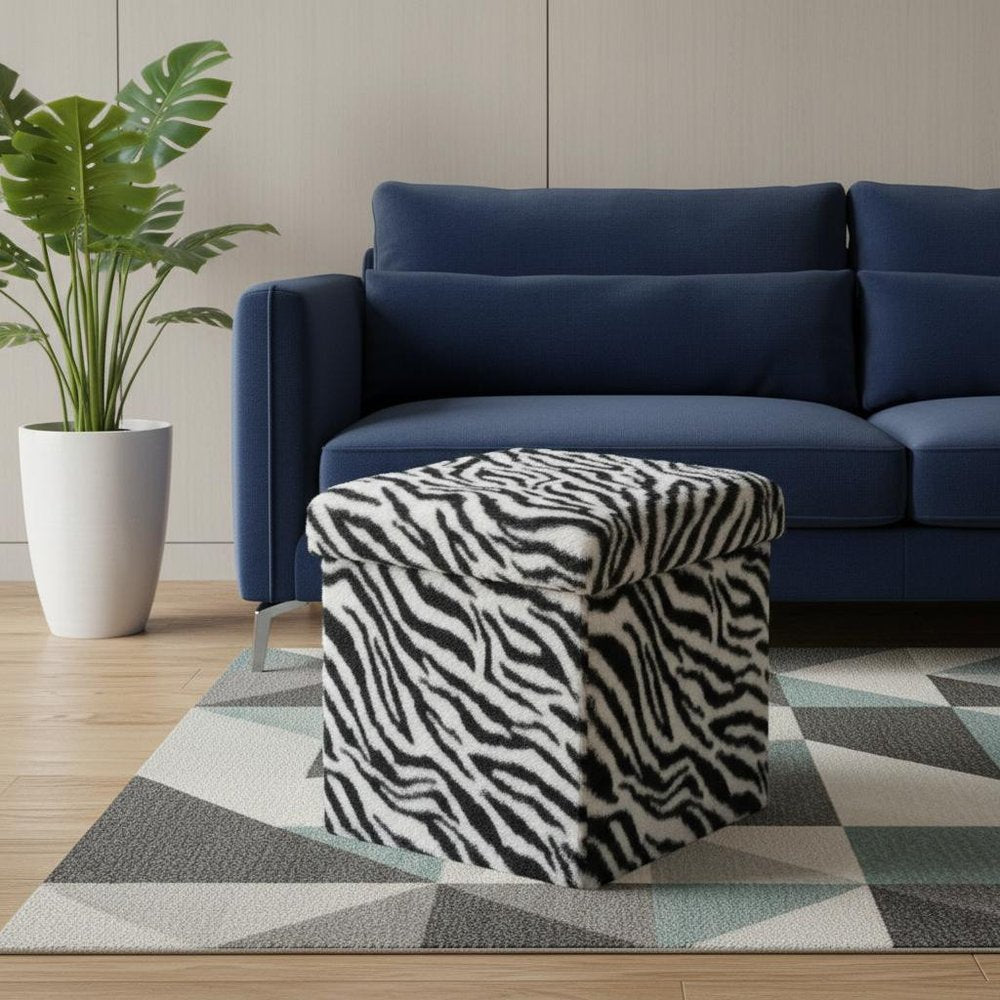 15" Black And White Faux Fur Zebra Ottoman
