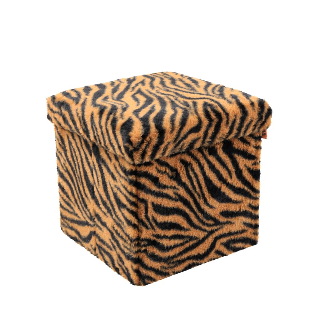 15" Tan And Black Faux Fur Tiger Ottoman