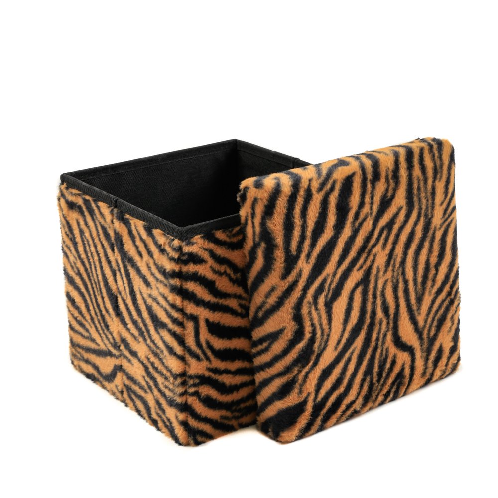 15" Tan And Black Faux Fur Tiger Ottoman