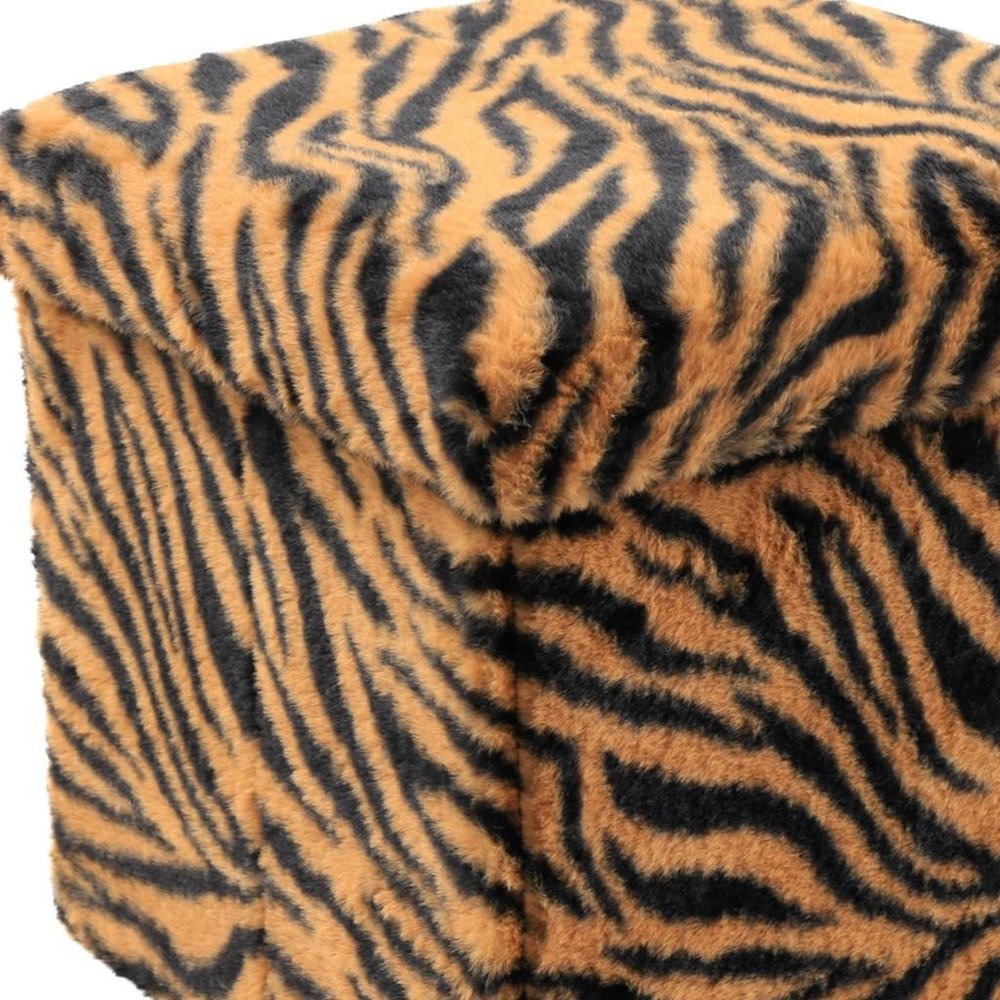 15" Tan And Black Faux Fur Tiger Ottoman