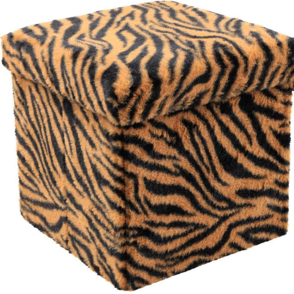 15" Tan And Black Faux Fur Tiger Ottoman