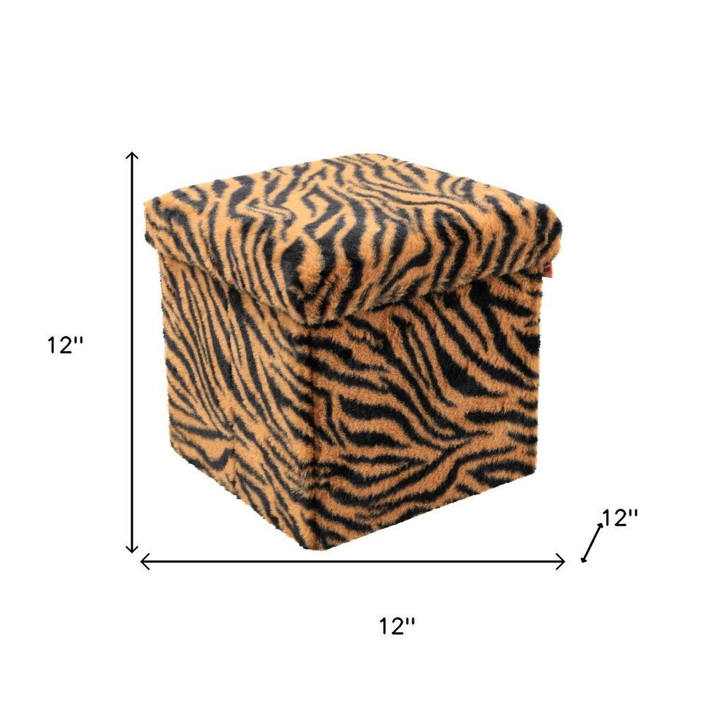 15" Tan And Black Faux Fur Tiger Ottoman