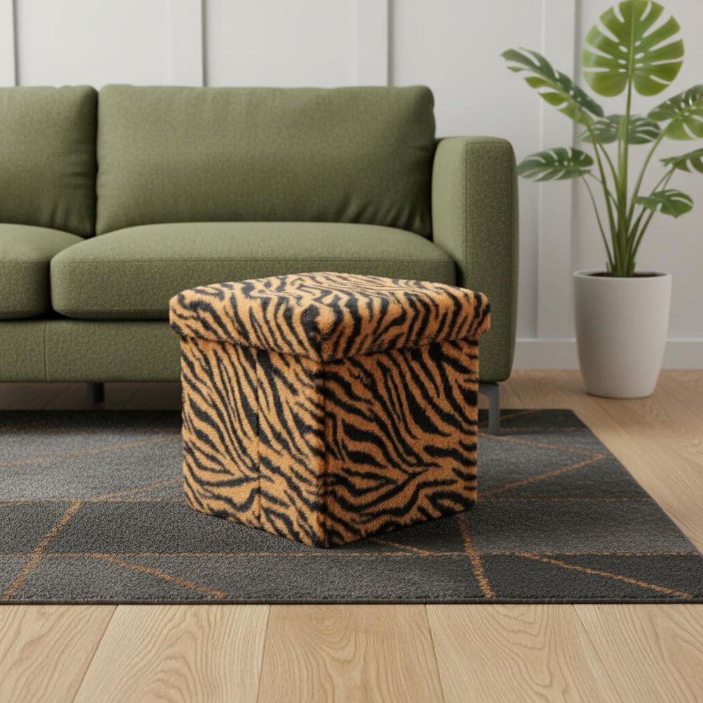 12" Black And Tan Faux Fur Tiger Ottoman