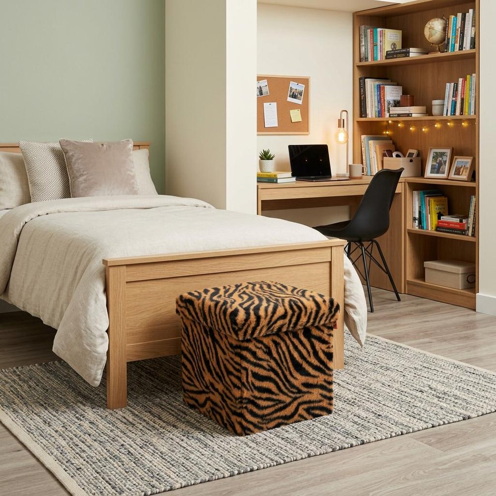 12" Black And Tan Faux Fur Tiger Ottoman