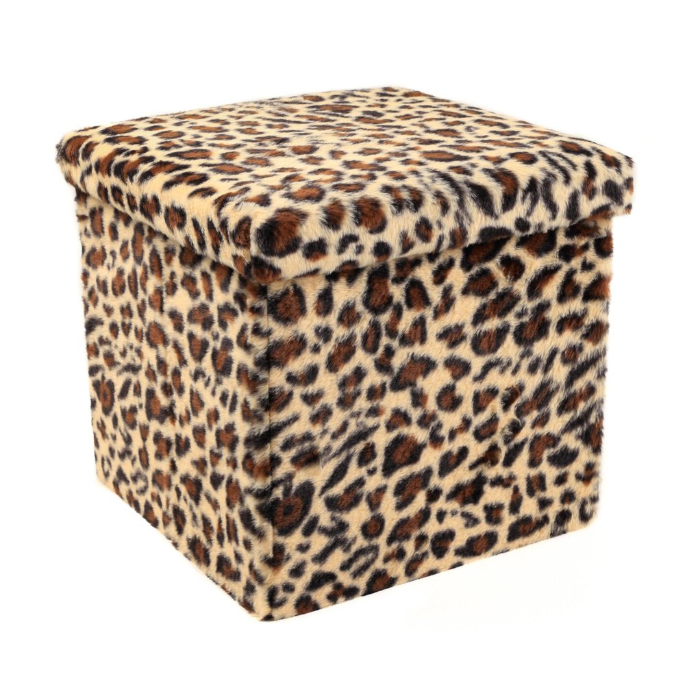12" Black And Tan Faux Fur Leopard Ottoman