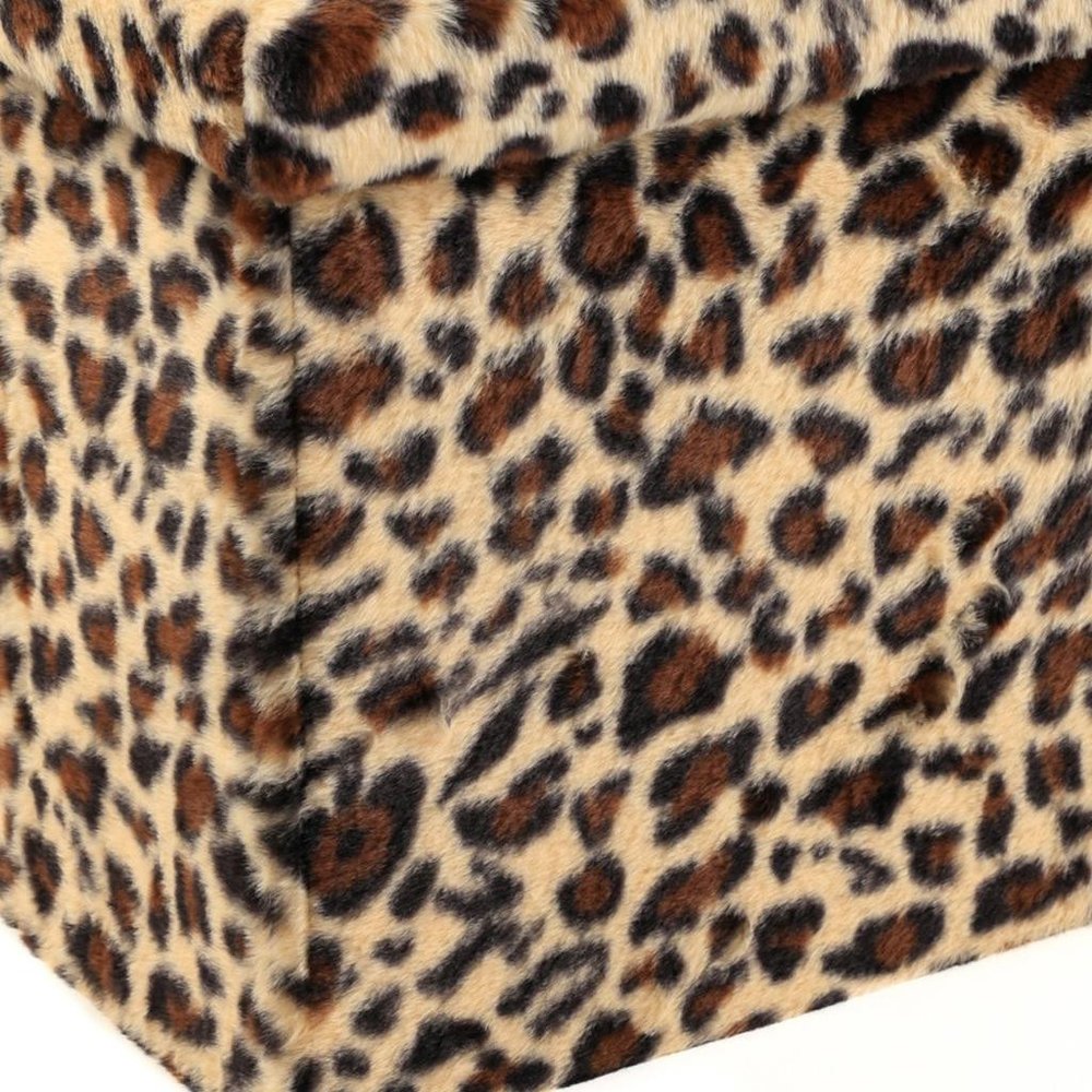 12" Black And Tan Faux Fur Leopard Ottoman