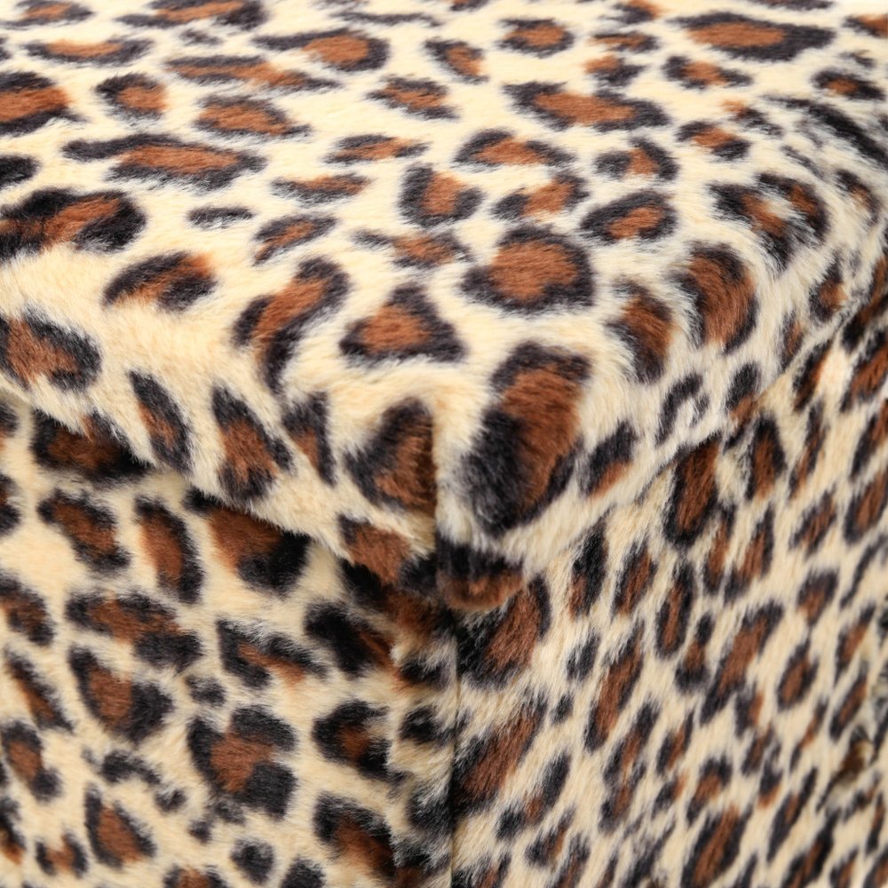 12" Black And Tan Faux Fur Leopard Ottoman