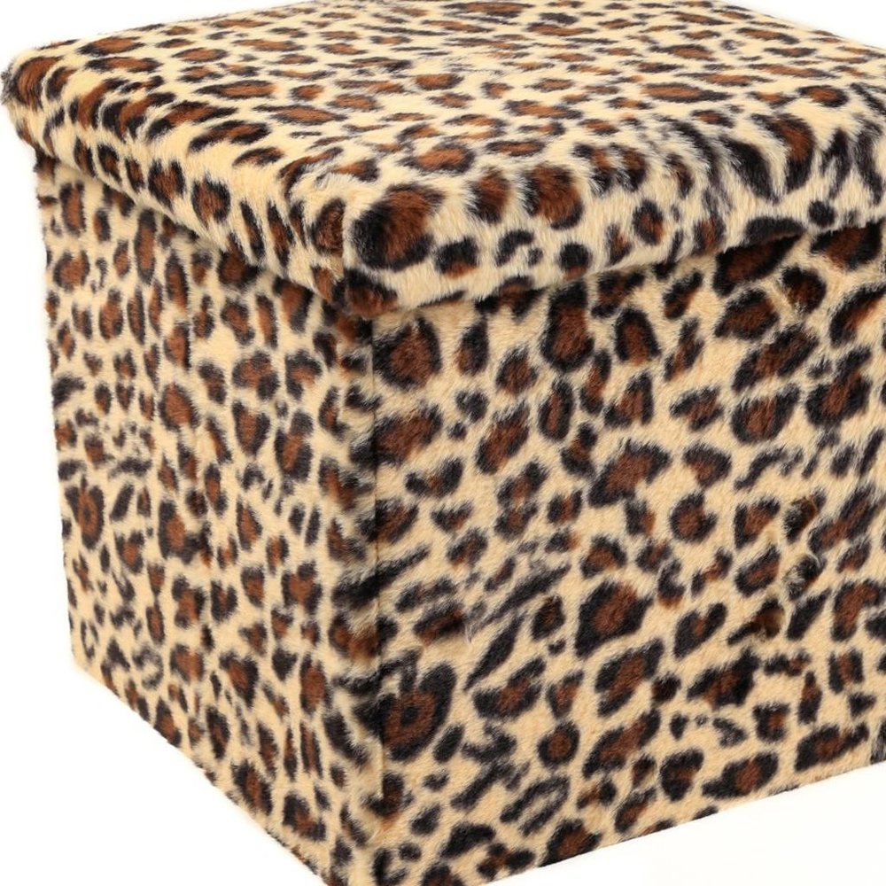 12" Black And Tan Faux Fur Leopard Ottoman