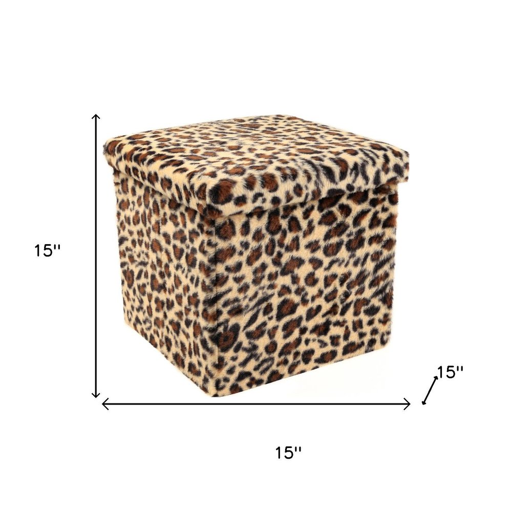 12" Black And Tan Faux Fur Leopard Ottoman