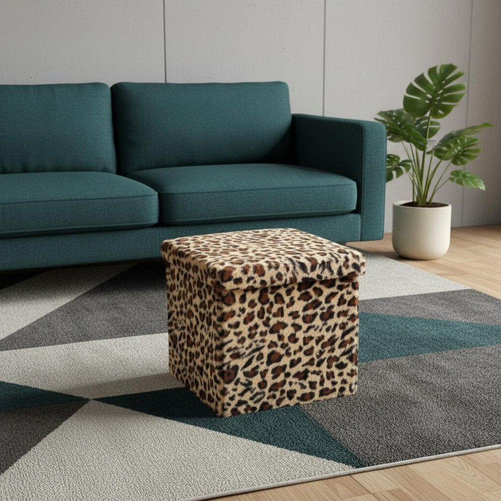 12" Black And Tan Faux Fur Leopard Ottoman