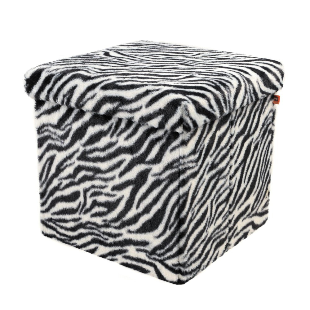 12" Black And White Faux Fur Zebra Ottoman