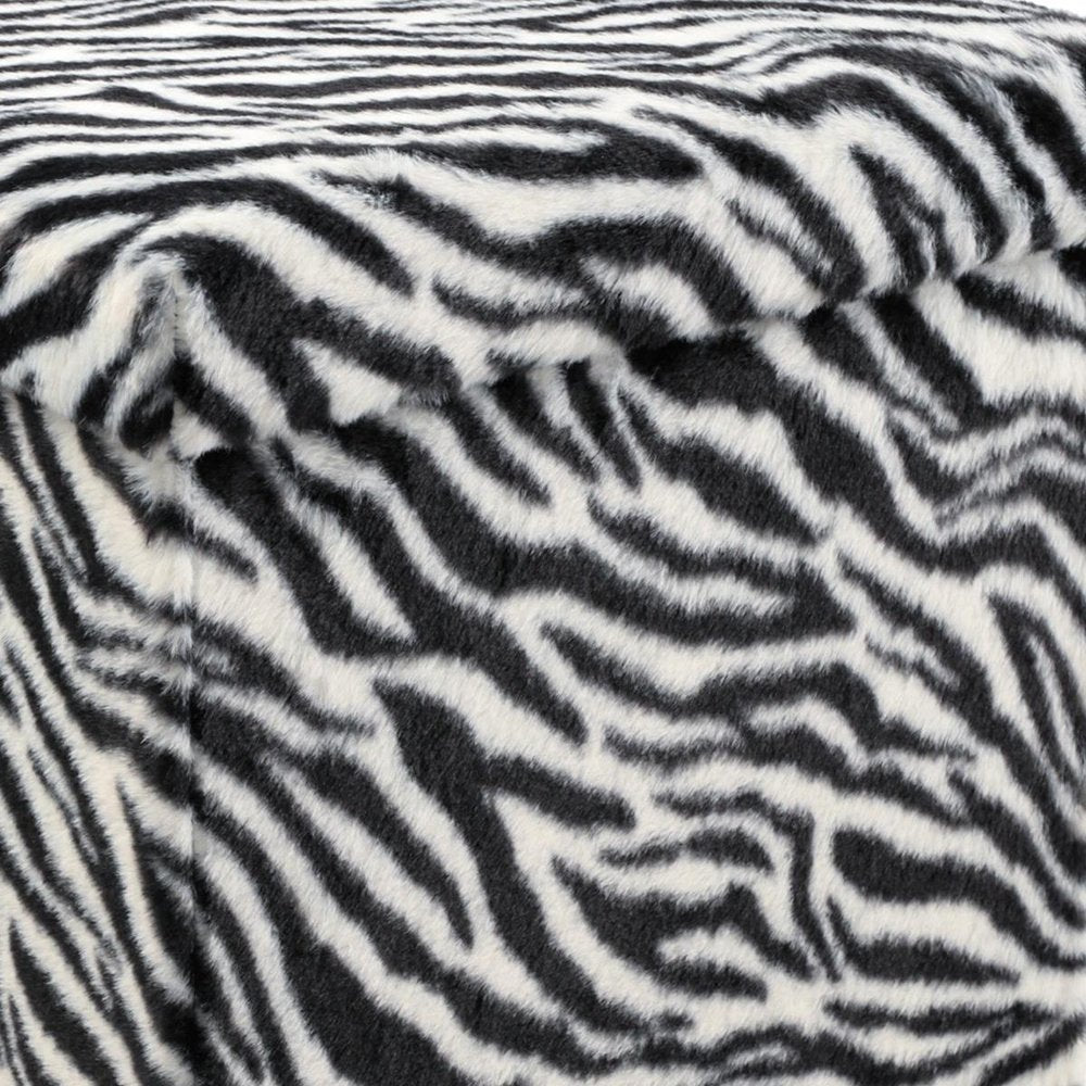 12" Black And White Faux Fur Zebra Ottoman