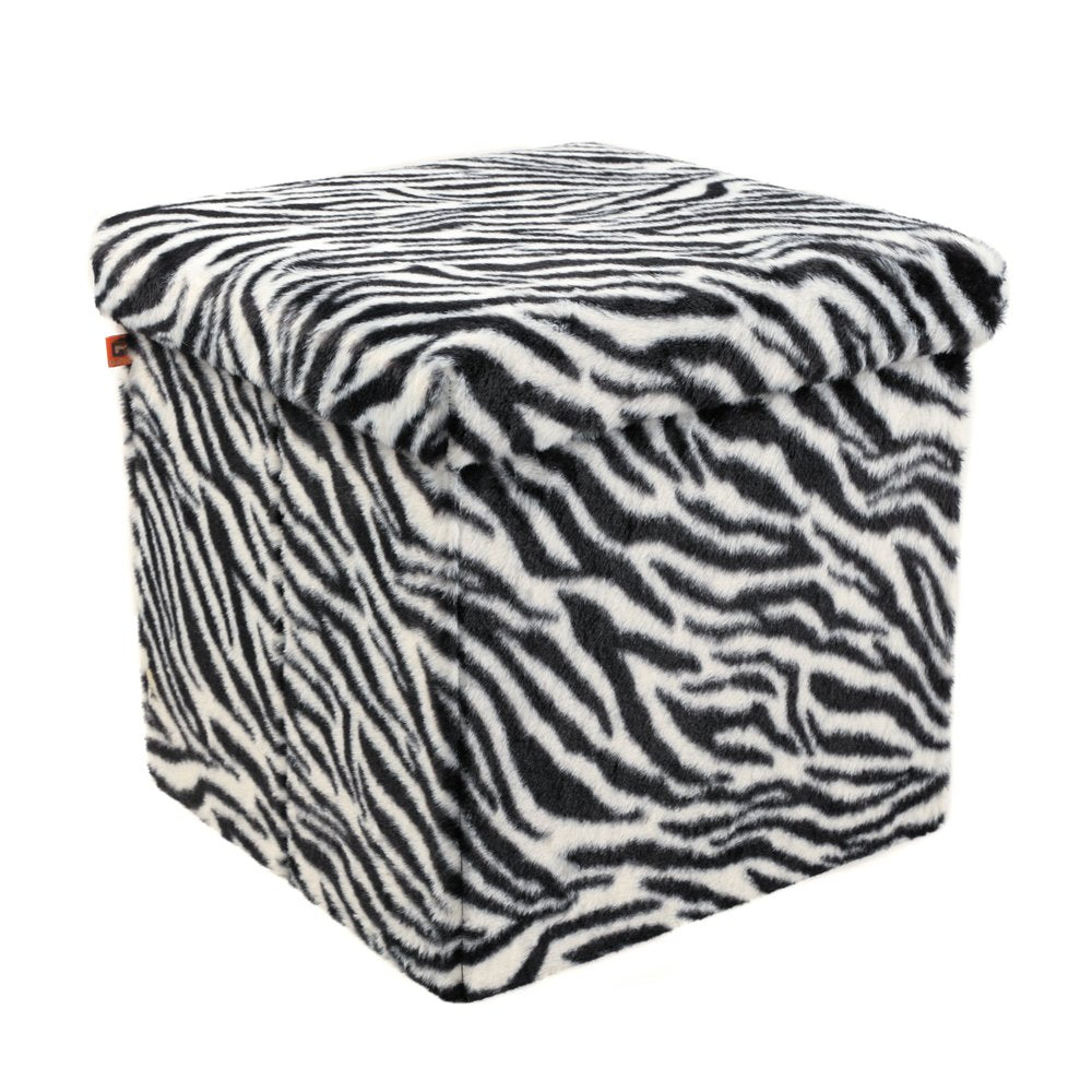 12" Black And White Faux Fur Zebra Ottoman