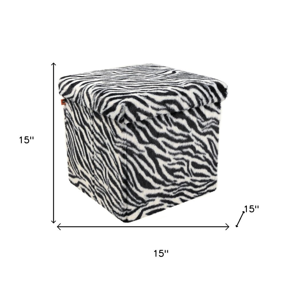 12" Black And White Faux Fur Zebra Ottoman