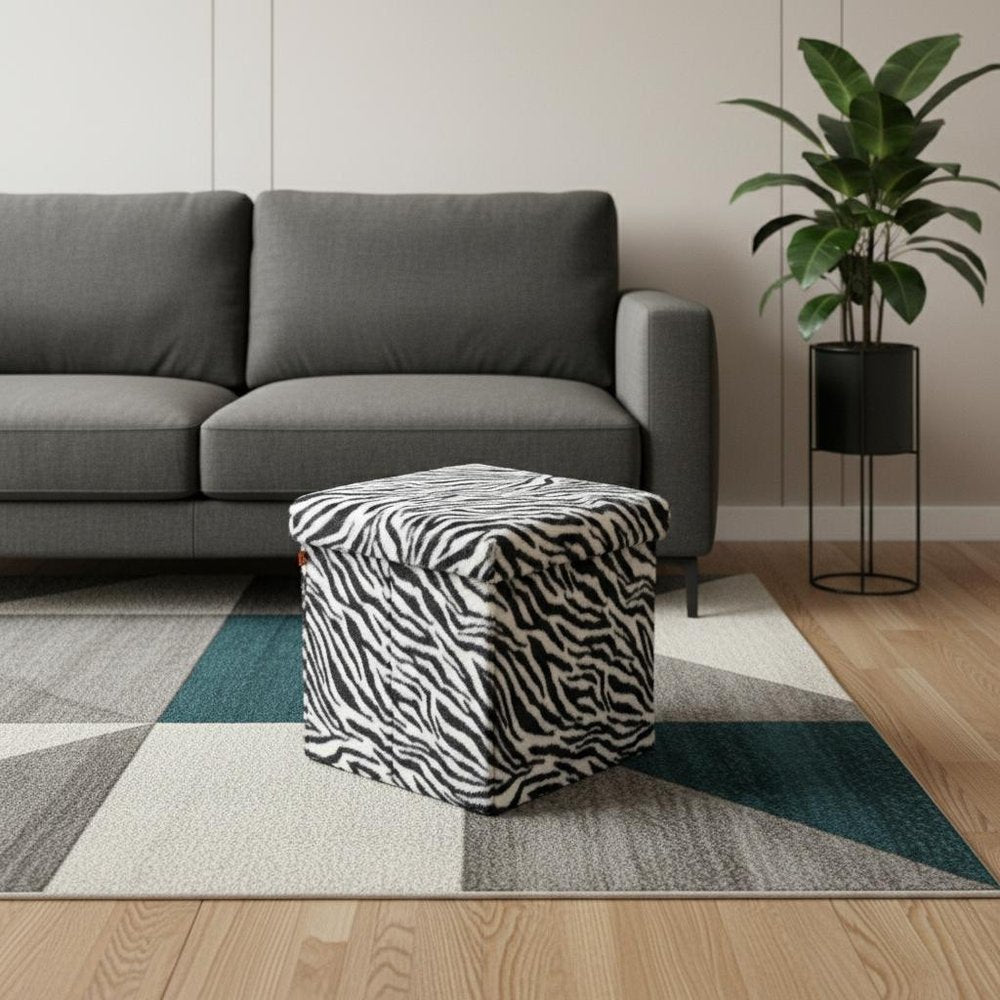 12" Black And White Faux Fur Zebra Ottoman