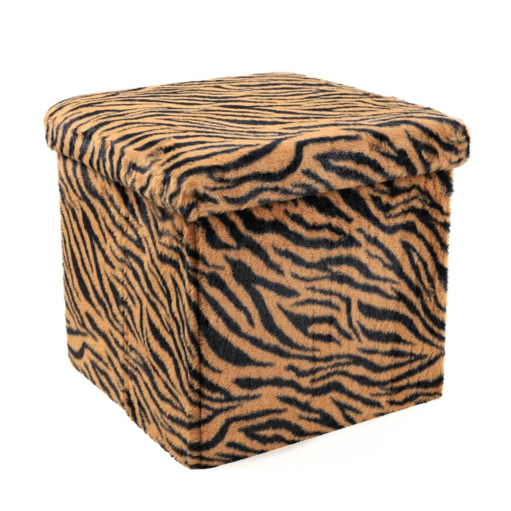 12" Black And Tan Faux Fur Tiger Ottoman