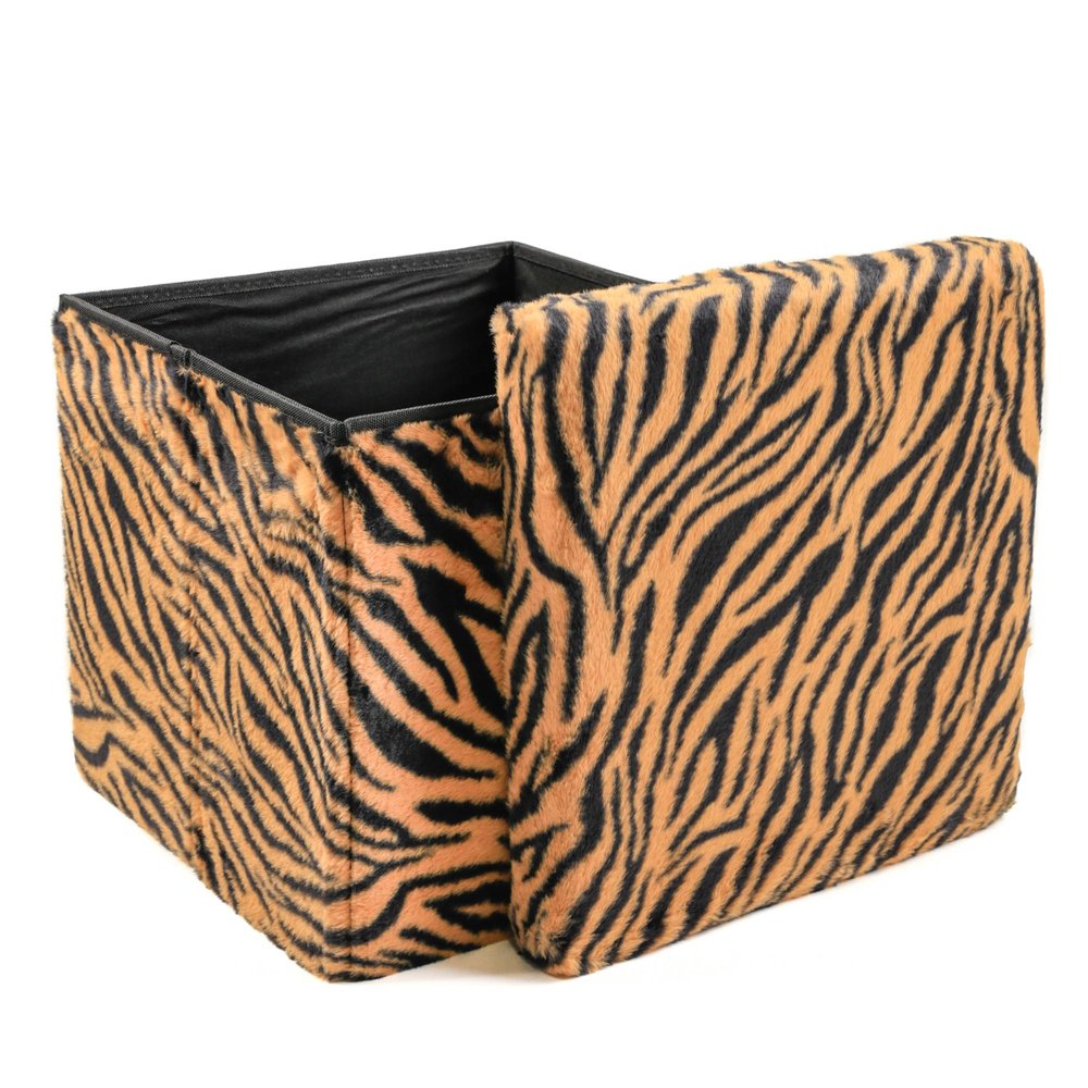 12" Black And Tan Faux Fur Tiger Ottoman
