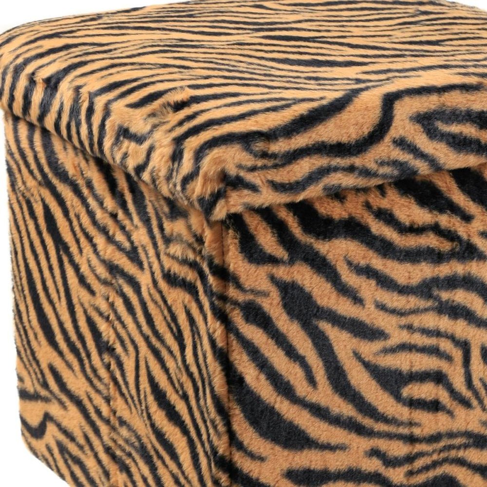 12" Black And Tan Faux Fur Tiger Ottoman