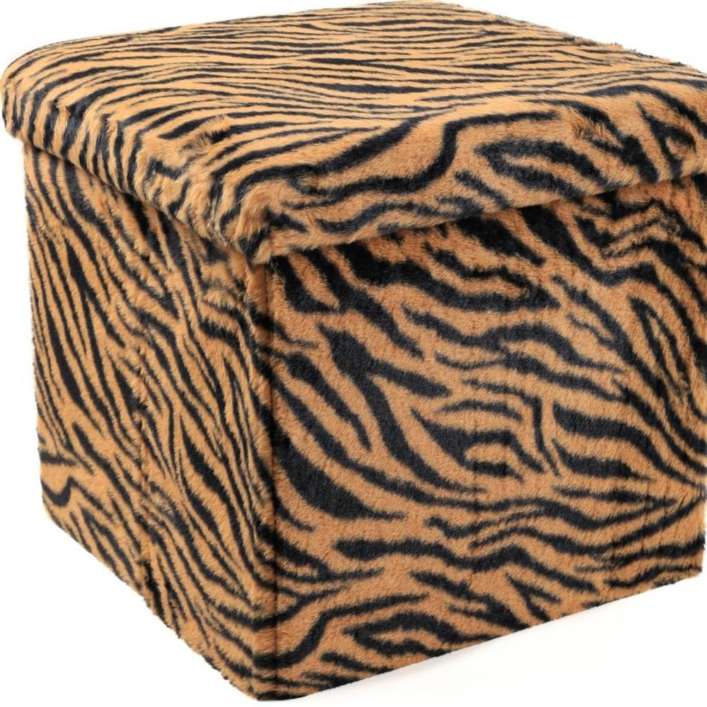 12" Black And Tan Faux Fur Tiger Ottoman