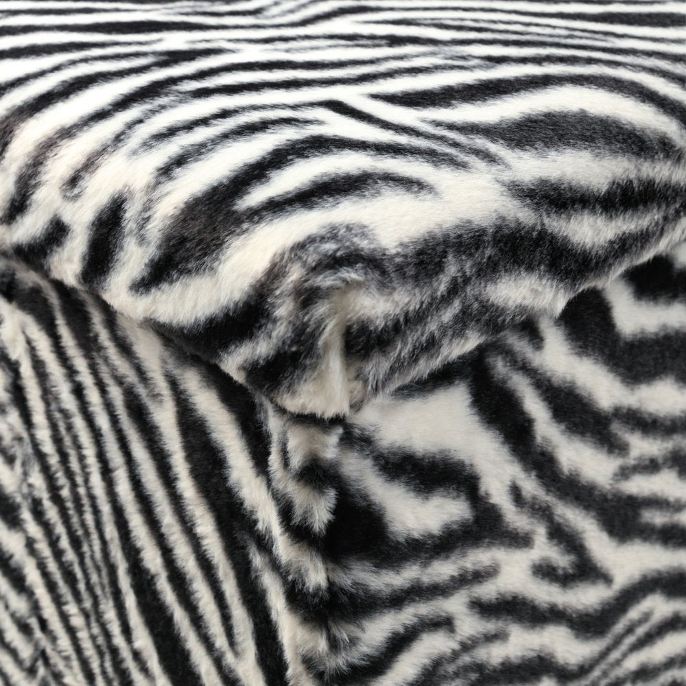 12" Black And White Faux Fur Zebra Ottoman
