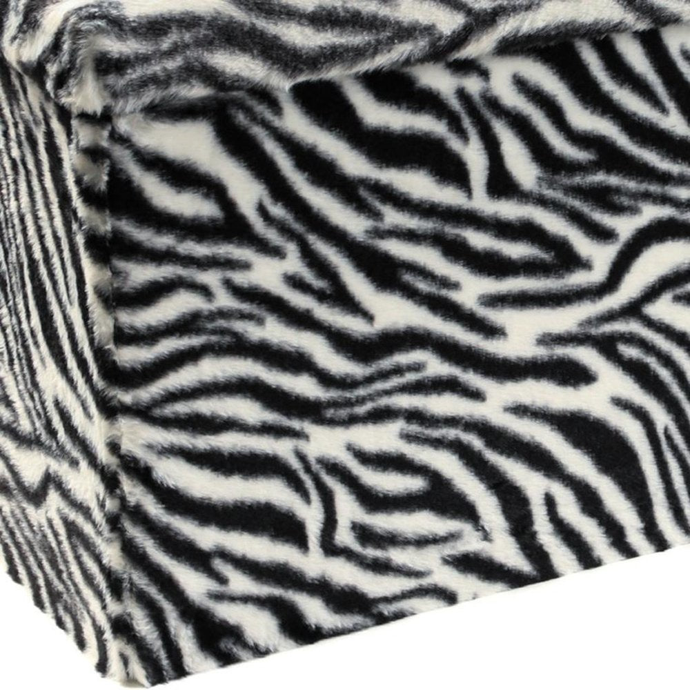 12" Black And White Faux Fur Zebra Ottoman