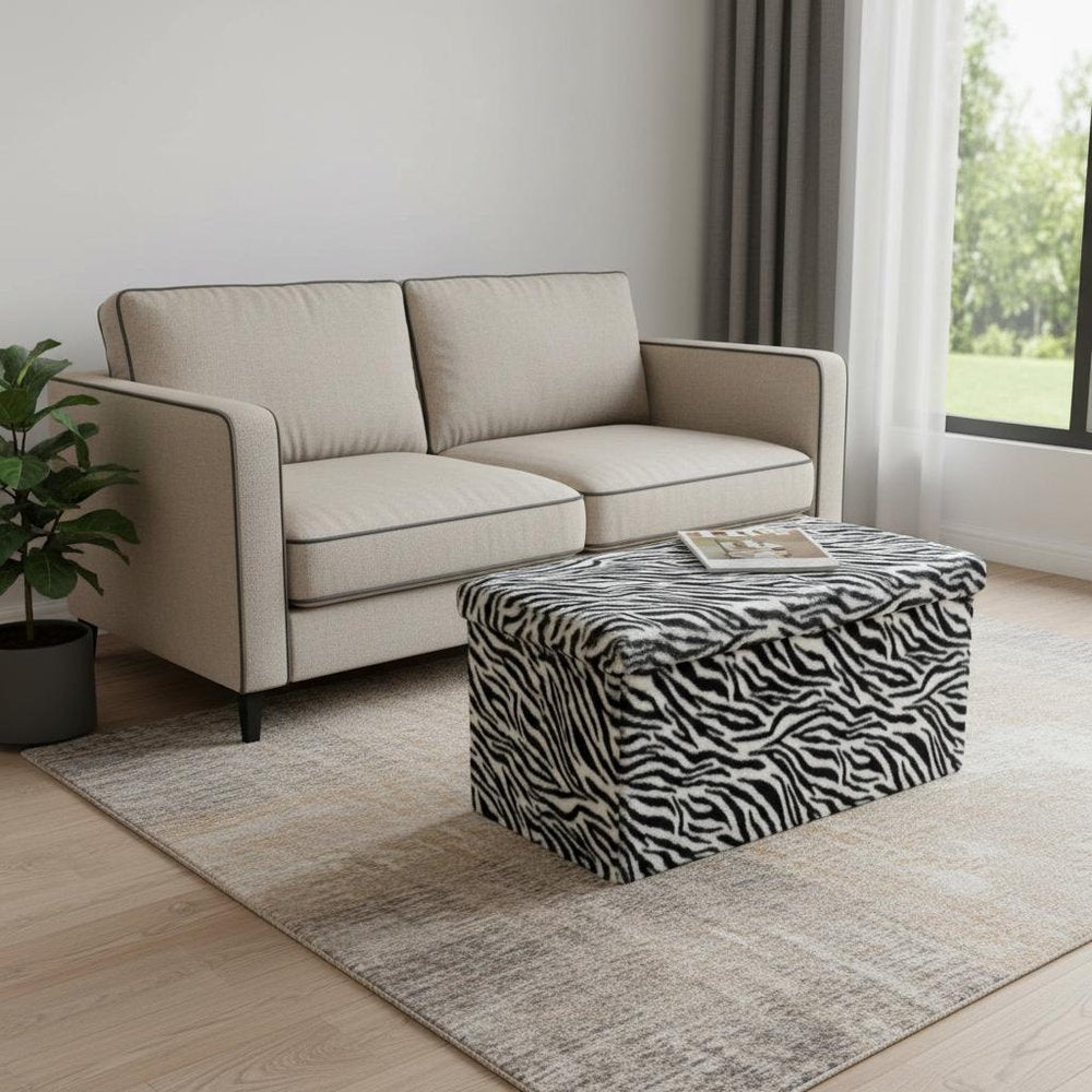 12" Black And White Faux Fur Zebra Ottoman