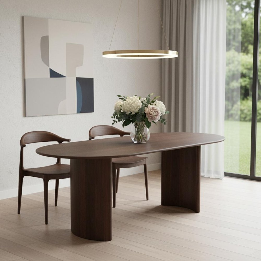 66" Brown Solid Wood Double Pedestal Base Oval Dining Table
