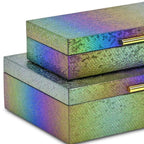 Set of Two Rainbow And Gold Faux Shagreen Nesting Storage Boxes With Lids